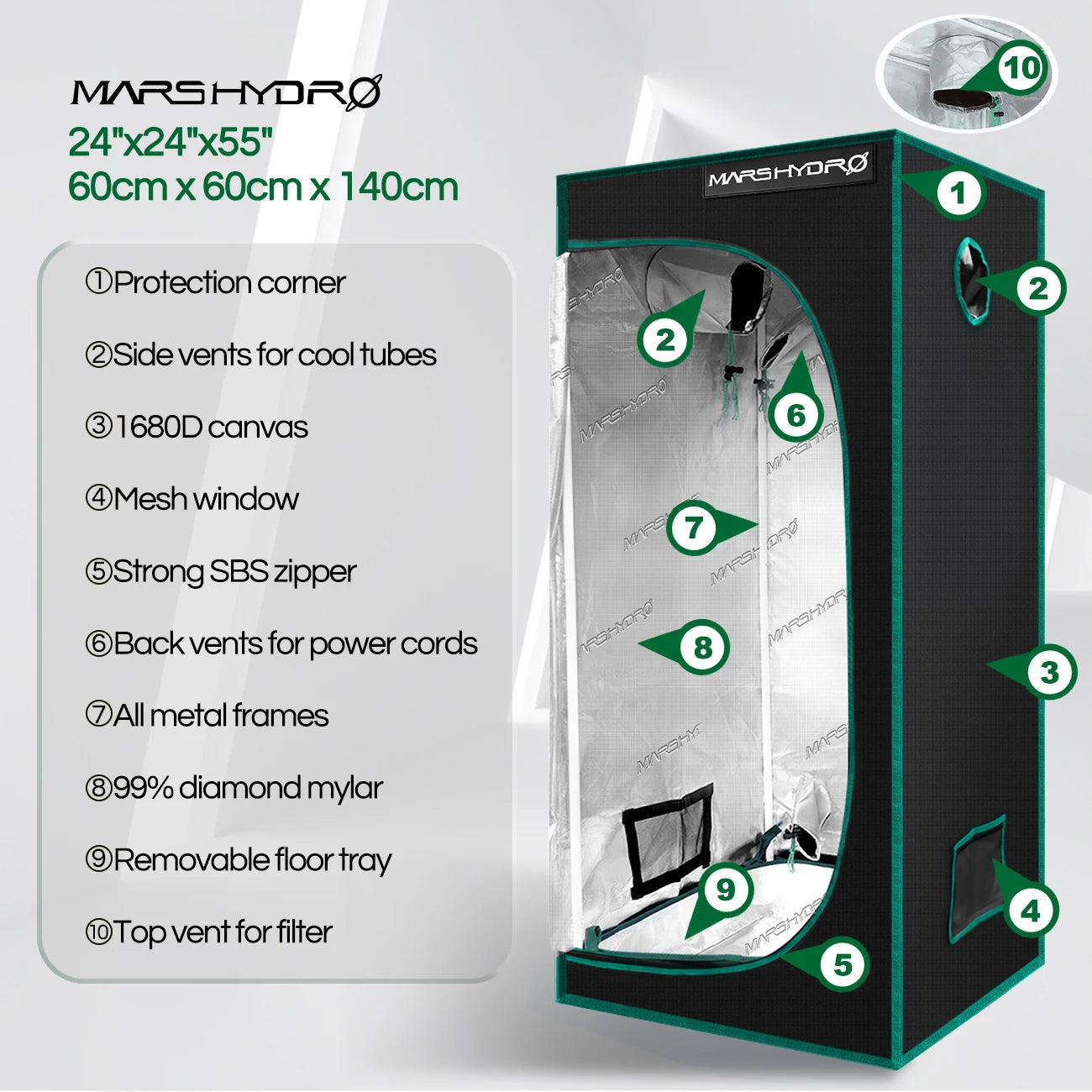MarsHydro 1680D 60x60x140cm Grow Tent Diamond Reflective Mylar, Indoor Hydroponics Grow Tent (24''x24''x55'')