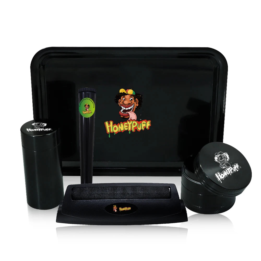 HONEYPUFF Smoking Set Herb Grinder Tobacco Kit Plastic Rolling Tray +110mm Rolling Maker+ Plastic Metal Container Jar Tool
