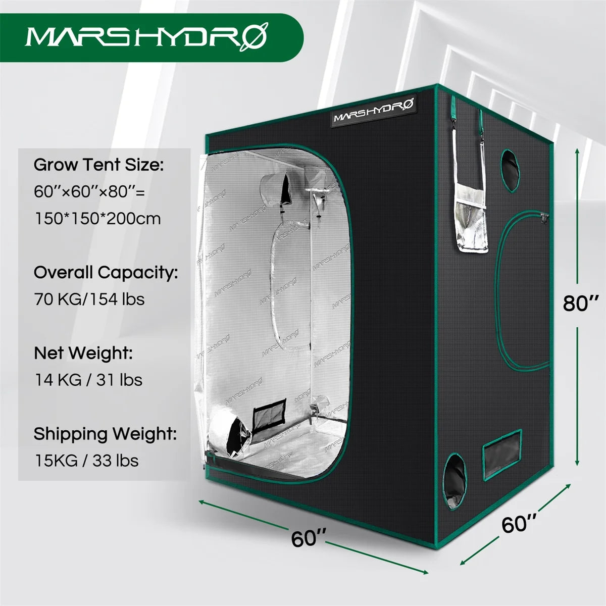 Mars Hydro 150X150X200cm Grow Tent 1680D Waterproof Non-toxic Reflective Material for Indoor Growing System Room Garden