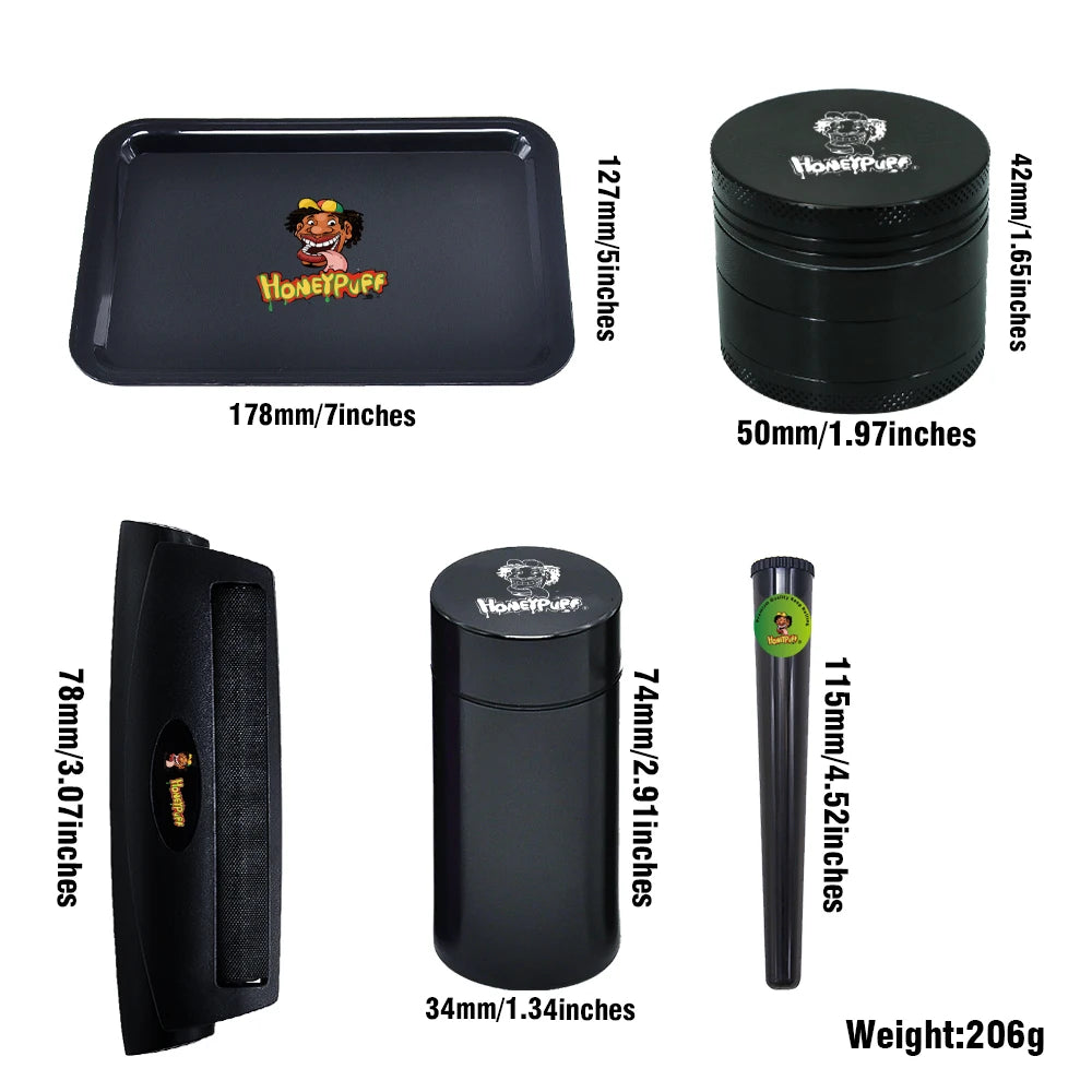 HONEYPUFF Smoking Set Herb Grinder Tobacco Kit Plastic Rolling Tray +110mm Rolling Maker+ Plastic Metal Container Jar Tool
