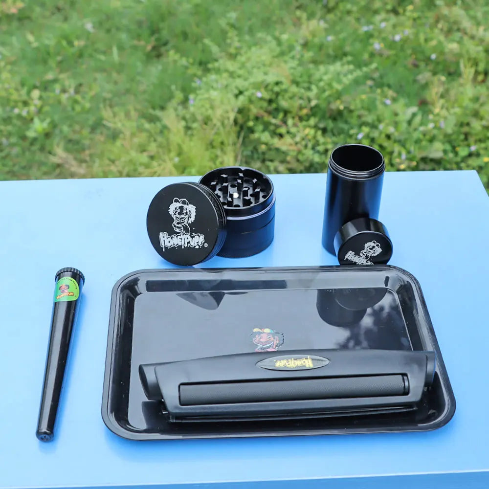 HONEYPUFF Smoking Set Herb Grinder Tobacco Kit Plastic Rolling Tray +110mm Rolling Maker+ Plastic Metal Container Jar Tool