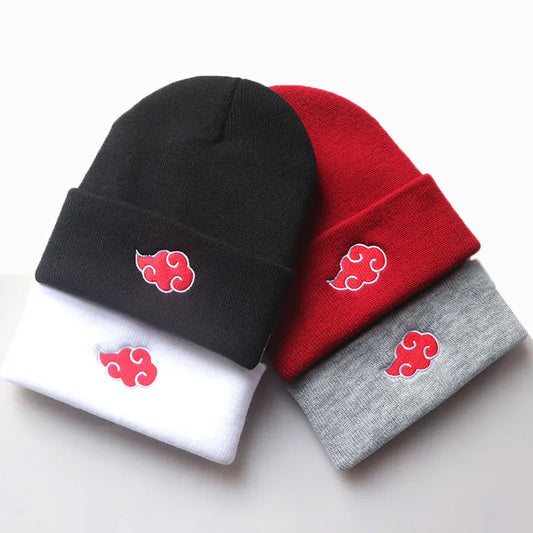 Cute Beanies Women Autumn Winter Warm Hat Anime Akatsuki Cosplay Red Cloud Embroidery Caps For Men Knitted Bonnet Unisex