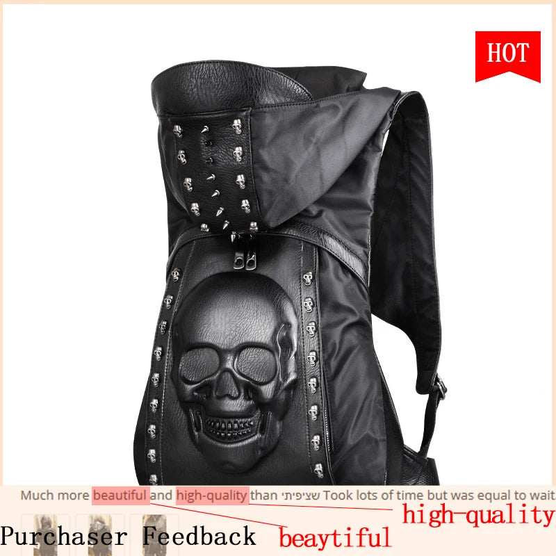 New 2020 Fashion Personality 3D skull leather backpack rivets skull backpack with Hood cap apparel bag cross bags hiphop man
