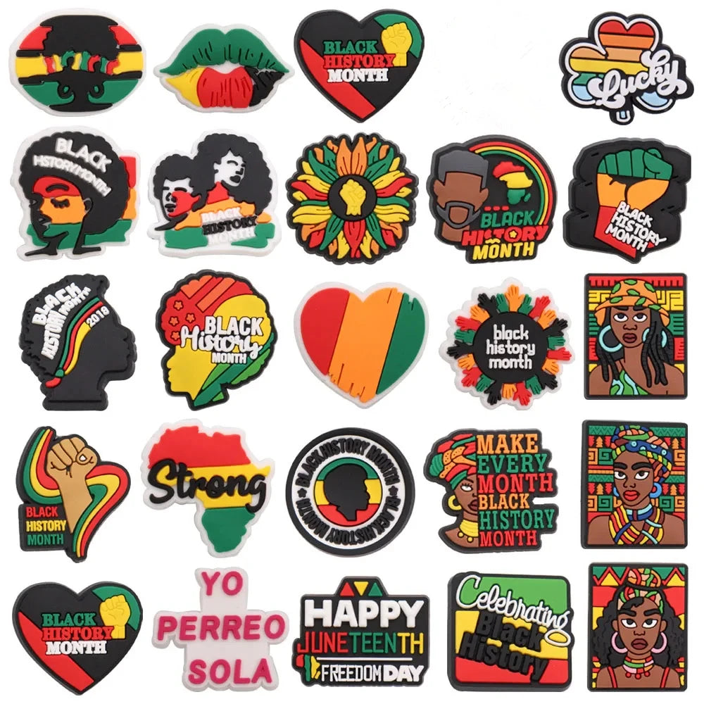 New Arrival 1-24Pcs PVC Black History Month Heart DIY Slipper Shoes Charms Buckle Clog Man Woman Shoe Accessories