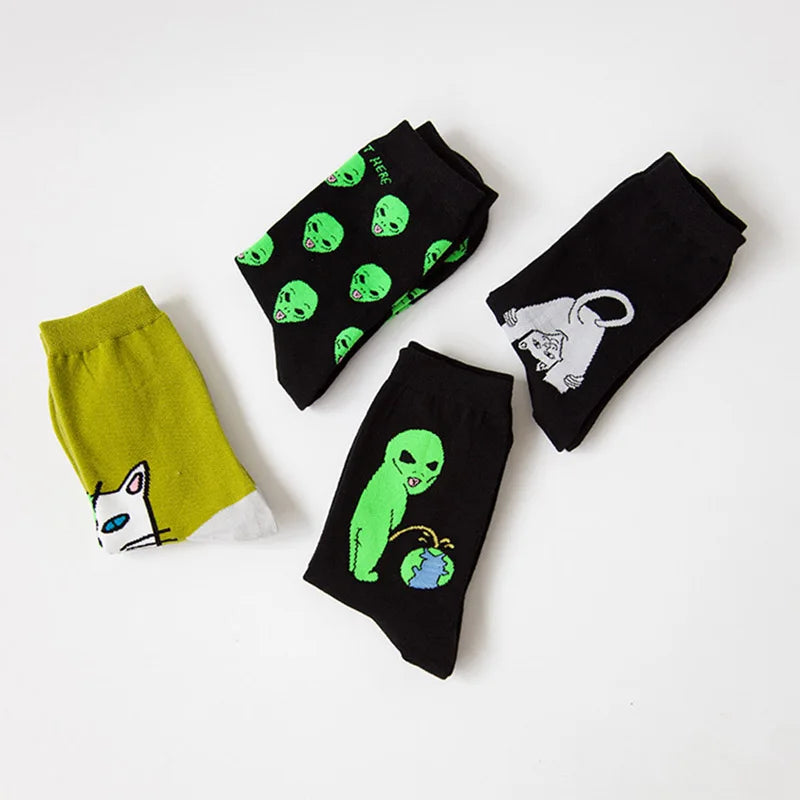 Funny Alien Planet Cartoon and Cat Unisex Breathable Cotton Socks