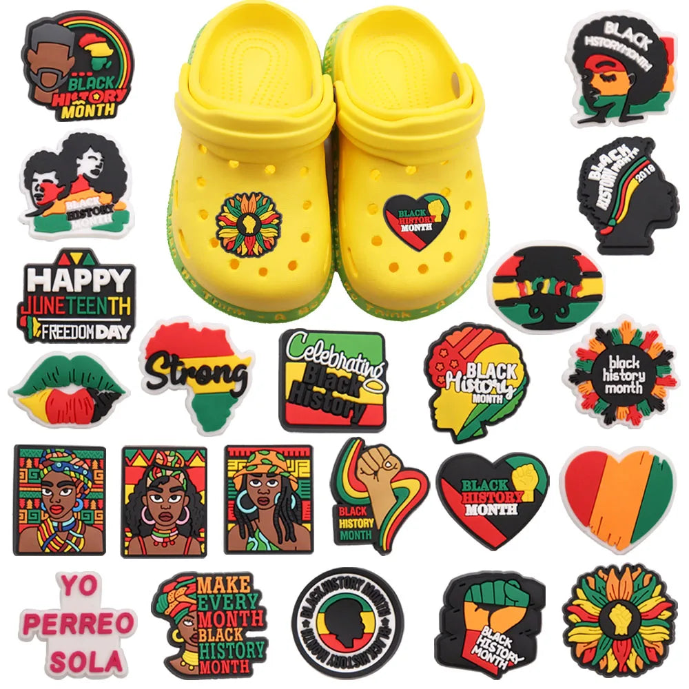 New Arrival 1-24Pcs PVC Black History Month Heart DIY Slipper Shoes Charms Buckle Clog Man Woman Shoe Accessories