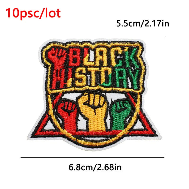 10Pcs/Lot Black History  Embroidery Patch - Iron-On Patches For Clothing Stickers Badges