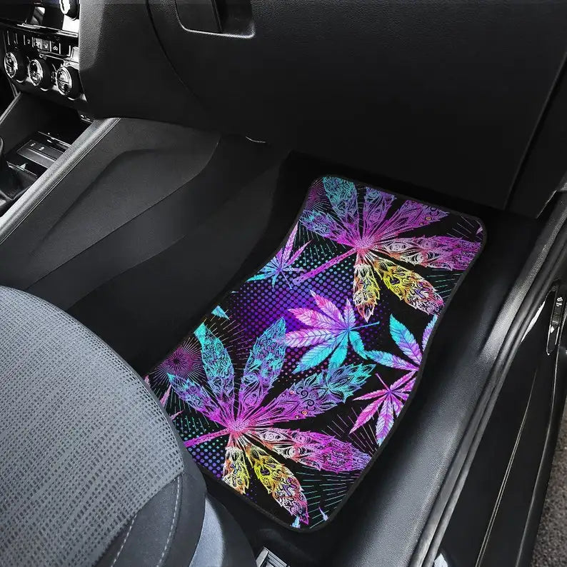 Colorful Pink Purple Weed Leaf Floral Flowers Car Floor Mats Set, Front and Back Floor Mats for Car, Car Accessories