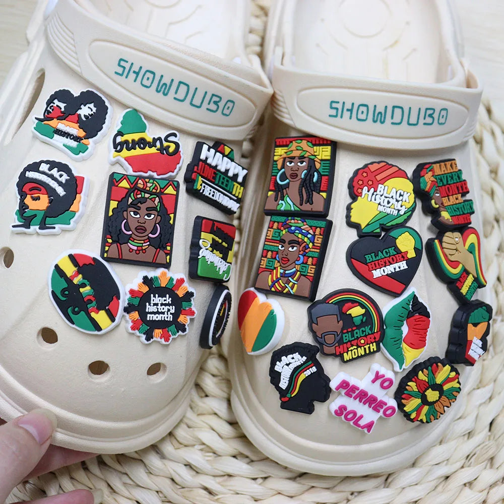 New Arrival 1-24Pcs PVC Black History Month Heart DIY Slipper Shoes Charms Buckle Clog Man Woman Shoe Accessories