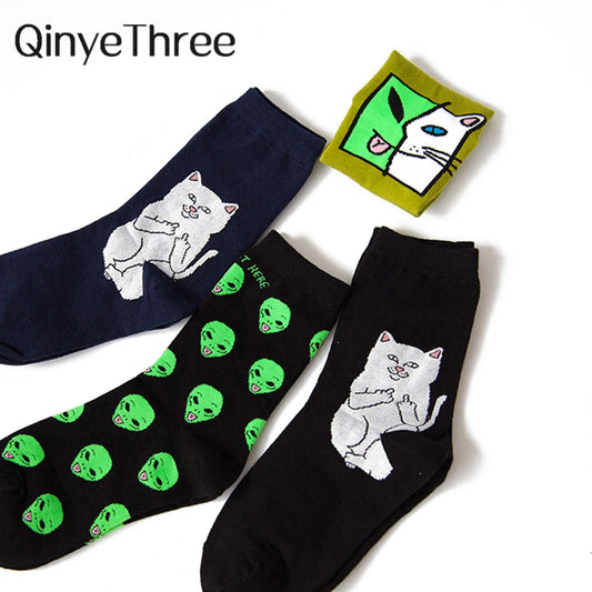 Funny Alien Planet Cartoon and Cat Unisex Breathable Cotton Socks