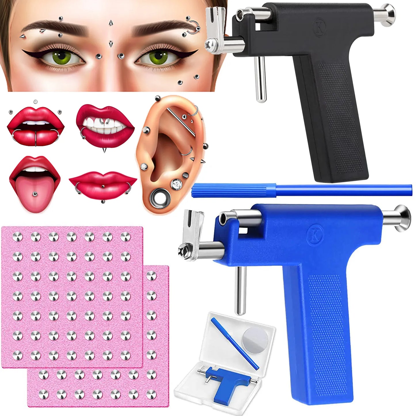 Pro Ear Body Nose Navel Lips Tongue Piercing Gun Machine Supply Tool Kit Set 98pcs Ear Studs Healthy Safty Sterile Piercer